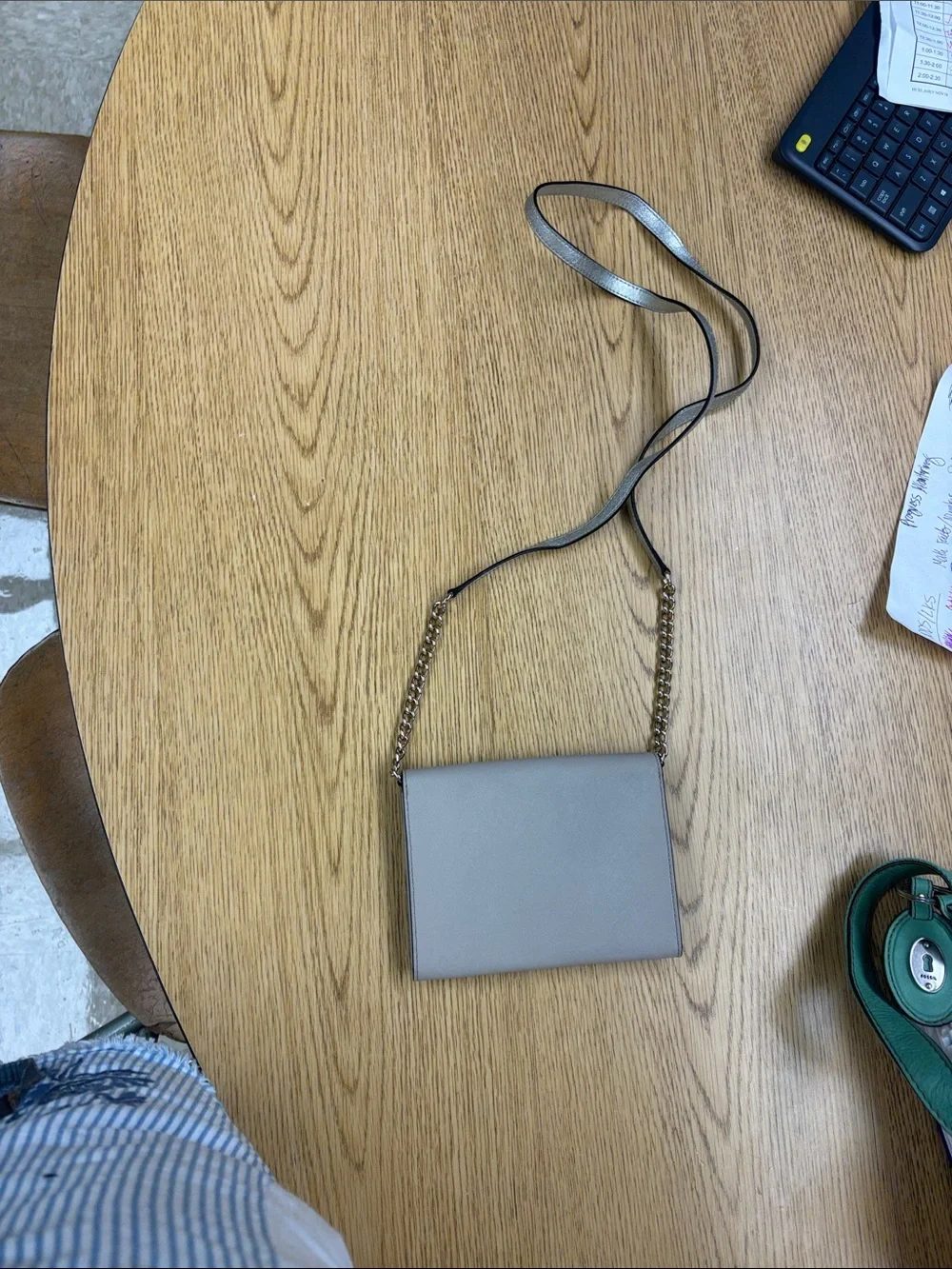 kate spade taupe envelope crossbody with gold chain